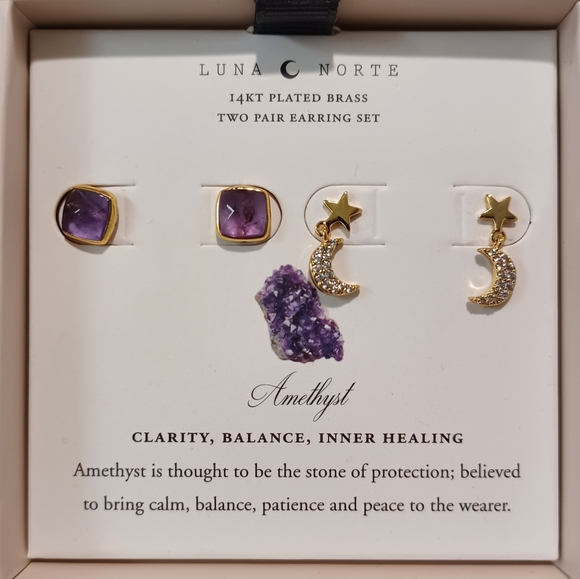 2 pairs stud earring BY LUNA NORTE AMETHYST 14K GOLD PLATED CRESCENT MOON STAR - Picture 3 of 7